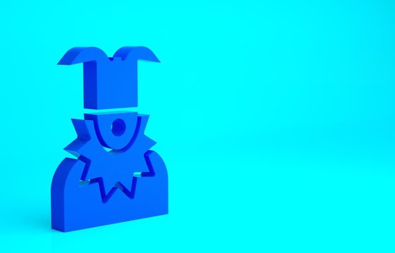 Blue Joker head icon isolated on blue background. Jester sign. Minimalism concept. 3d illustration 3D render.