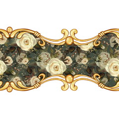 Golden baroque semless border with flowers and leaves in oil painting style