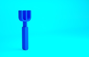 Fototapeta premium Blue Garden pitchfork icon isolated on blue background. Garden fork sign. Tool for horticulture, agriculture, farming. Minimalism concept. 3d illustration 3D render.
