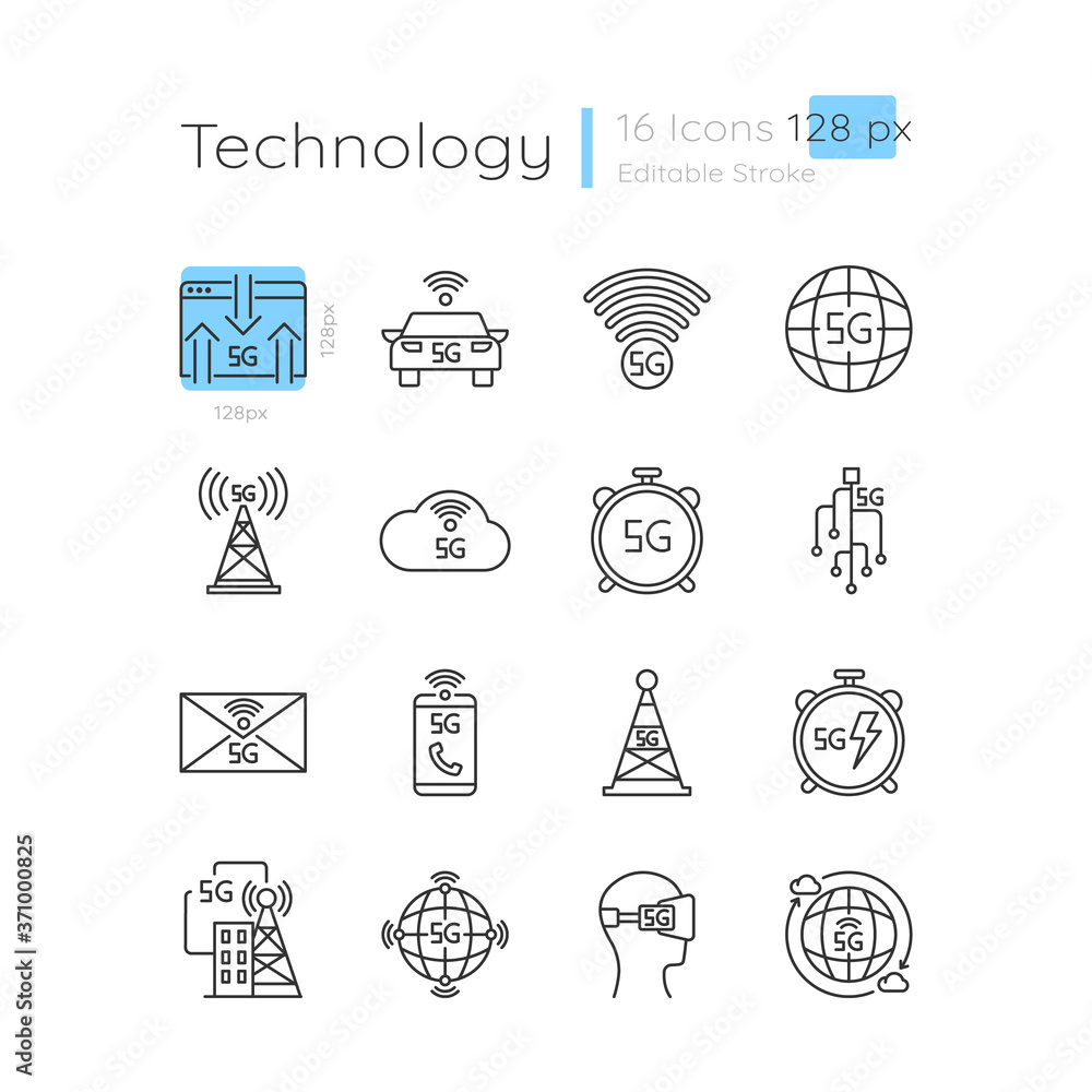 Poster 5g technology linear icons set. fast internet. messaging, data exchange. world standard. customizabl