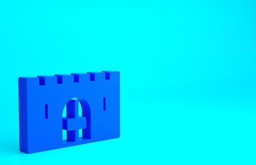 Blue Medieval castle gate in a stone wall icon isolated on blue background. Medieval fortress. Protection from enemies. Minimalism concept. 3d illustration 3D render.