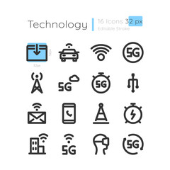 Connection coverage linear icons set. Innovative telecommunication. Remote signal for device. Customizable thin line contour symbols. Isolated vector outline 32 x 32 px illustrations. Editable stroke