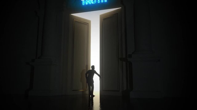 A silhouetted man approaches a large double door and opens it, revealing a large bright light behind. Above the doors is TRUTH in glowing neon. He enters, looking around and starts walking confidently