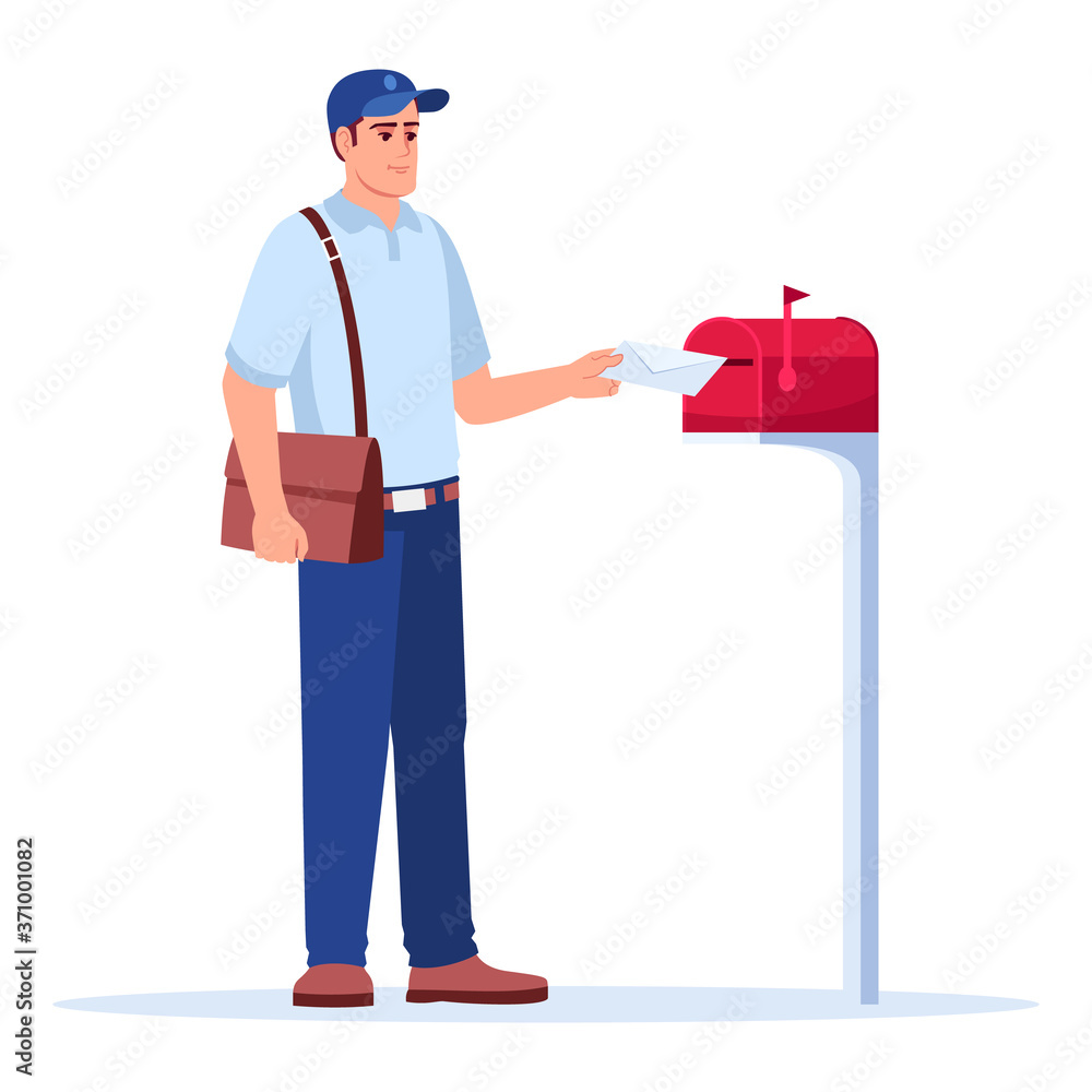 Poster postman delivering mail semi flat rgb color vector illustration. mailman putting envelope in mailbox