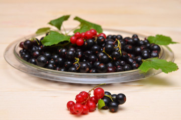still life with sprigs of red and black currants and berries on a plate on a wooden background close-up