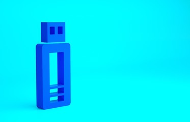 Blue USB flash drive icon isolated on blue background. Minimalism concept. 3d illustration 3D render.
