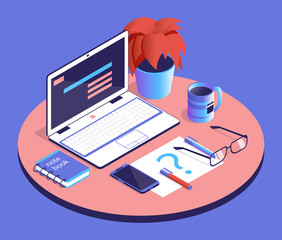 3d technology workplace isometry with laptop, smartphone, notebook, cup of tea, glasses and plant isometric flat design. Blue, red and white Vector Illustration