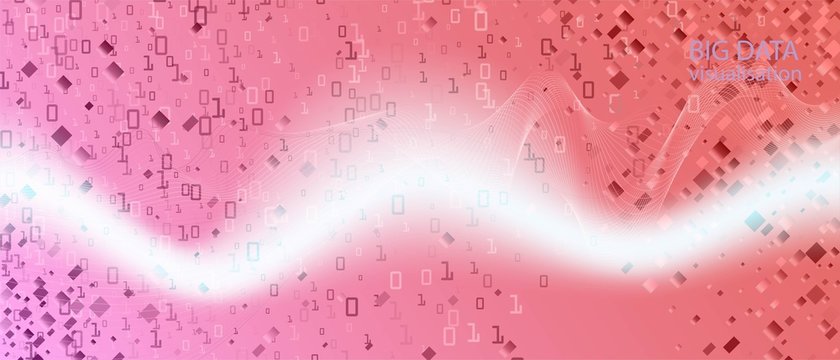 Big Data Stream Vector Background. Fractal Flow Code Geometric Funky Music Layout. Matrix Flying Binary Code. Pink Blue Purple 