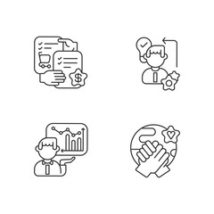 Business skills linear icons set. Customizable thin line contour symbols. Selling skills, diligence, corporate presentation and tolerance. Isolated vector outline illustrations. Editable stroke