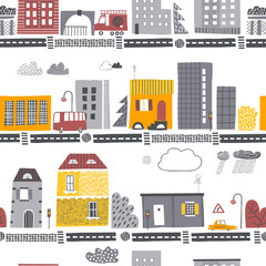 Childish seamless pattern with buildings, roads, cars and trees. Creative vector background for fabric, textile, nursery wallpaper.