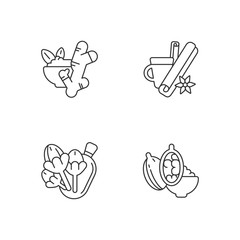 Cooking spices linear icons set. Mulled hot wine ingredients. Aromatic flavoring. Cinnamon and ginger. Clove buds. Customizable thin line contour symbols. Isolated vector outline illustrations