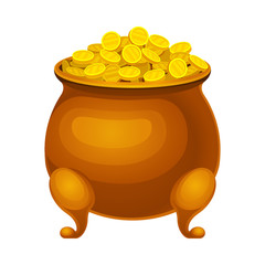 Copper Cauldron Full with Golden Coins Vector Illustration