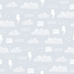 Cute seamless pattern with clouds, light and rain. Creative texture for fabric, wrapping, textile, wallpaper, apparel. Vector illustration. Grunge background.