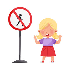 Little Girl Standing Near Road Sign Learning Traffic Rules Vector Illustration