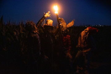 Four walking dead zombies stand in field with burning torch.
