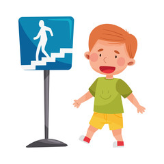 Cheerful Boy Walking Along Street Learning Road Signs and Traffic Rules Vector Illustration