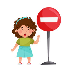 Cute Girl Standing Near Road Sign Vector Illustration