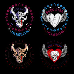 Set of four illustrated skulls. Vector drawings of heads for t-shirts or posters.