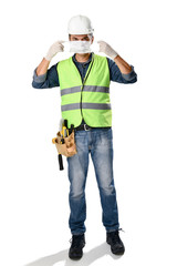 Manual worker wearing protective face mask and gloves to avoid Coronavirus epidemic isolated on white background.     