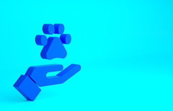 Blue Hands with animals footprint icon isolated on blue background. Pet paw in heart. Love to the animals. Minimalism concept. 3d illustration 3D render.