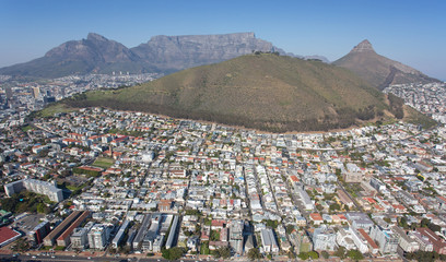 Cape Town, Western Cape / South Africa - 07/24/2020: Aerial photo of Greenpoint with Lions Head and Table Mountain in the background