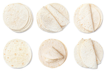 Set of corn tortillas on white background, top view