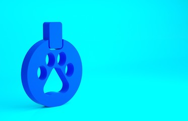 Blue Collar with name tag icon isolated on blue background. Supplies for domestic animal. Dog or cat paw print. Cat and dog care. Pet chains. Minimalism concept. 3d illustration 3D render.