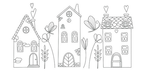 Vector set of cut old house. Line art houses Black graphic isolated elements for invitations, greeting cards, business card, for fabrics and paper