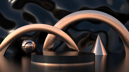 Black product stand and Black background. Black cylinder podium in dark background. gold. 3d rendering