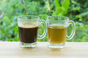 Thai Black Coffee and hot Tea on  Wooden Bar