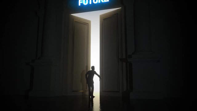 A silhouetted man approaches a large double door and opens it, revealing a large bright light behind. Above the doors is FUTURE in glowing neon. He enters, looking around and walks confidently