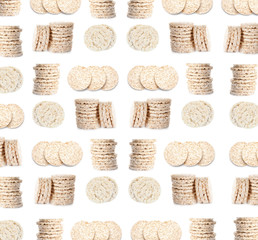Set of puffed corn cakes on white background. Pattern design