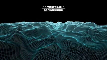 Rolgordijnen zonder boren Blauwgroen Wireframe terrein veelhoek landschapsontwerp. 3D-rendering