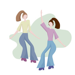 Two modern young girls dancing. Dance moves, fun and entertainment. Women's friendship and shared leisure, party.  Concept for a banner, website design or target web page.