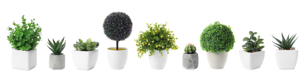 Set of artificial plants in flower pots isolated on white. Banner design - obrazy, fototapety, plakaty