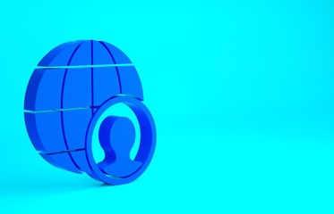 Blue Globe and people icon isolated on blue background. Global business symbol. Social network icon. Minimalism concept. 3d illustration 3D render.