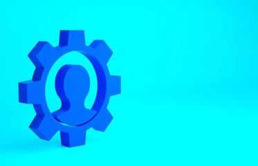 Blue Human with gear icon isolated on blue background. Artificial intelligence. Thinking brain sign. Symbol work of brain. Minimalism concept. 3d illustration 3D render.
