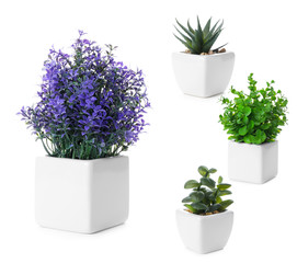 Set of artificial plants in flower pots isolated on white