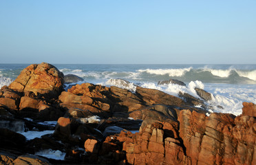 Fototapeta na wymiar The rugged rocks of the West Coast being pounded by the endless Atlantic Ocean