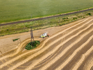 Aerial drone view. Harvested Ukrainian wheat field.