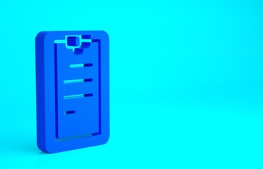 Blue Clipboard with checklist icon isolated on blue background. Control list symbol. Survey poll or questionnaire feedback form. Minimalism concept. 3d illustration 3D render.