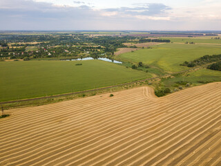 Obraz premium Aerial drone view. Harvested Ukrainian wheat field.