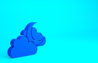 Blue Cloud with moon icon isolated on blue background. Cloudy night sign. Sleep dreams symbol. Night or bed time sign. Minimalism concept. 3d illustration 3D render.
