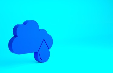 Blue Cloud with rain icon isolated on blue background. Rain cloud precipitation with rain drops. Minimalism concept. 3d illustration 3D render.