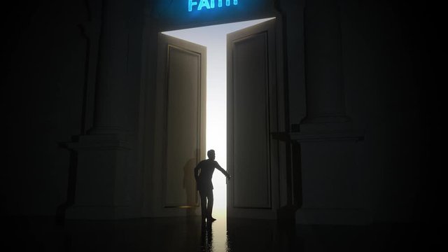 A silhouetted man approaches a large double door and opens it, revealing a large bright light behind. Above the doors is FAITH in glowing neon. He enters, looking around and starts walking confidently