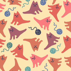 Fototapeta na wymiar Seamless cute vector pattern of colorful abstract cats with balls in pastel