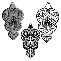 Isolated black and white vector illustration of Christmas tree toys decorations
