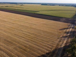 Aerial drone view. Harvested Ukrainian wheat field.