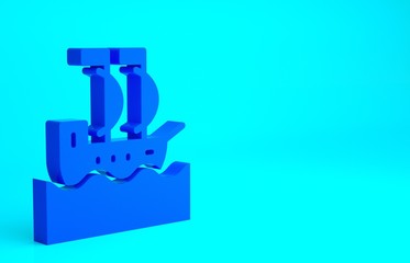 Fototapeta premium Blue Sailboat or sailing ship icon isolated on blue background. Sail boat marine cruise travel. Minimalism concept. 3d illustration 3D render.