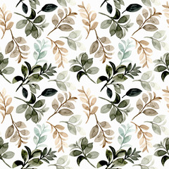 Fototapeta na wymiar watercolor green brown leaves seamless pattern